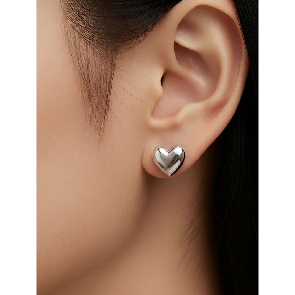 Puffy Hearts Silver Stud Earrings Boho Simple Jewelry Love Kawaii Gift Idea New